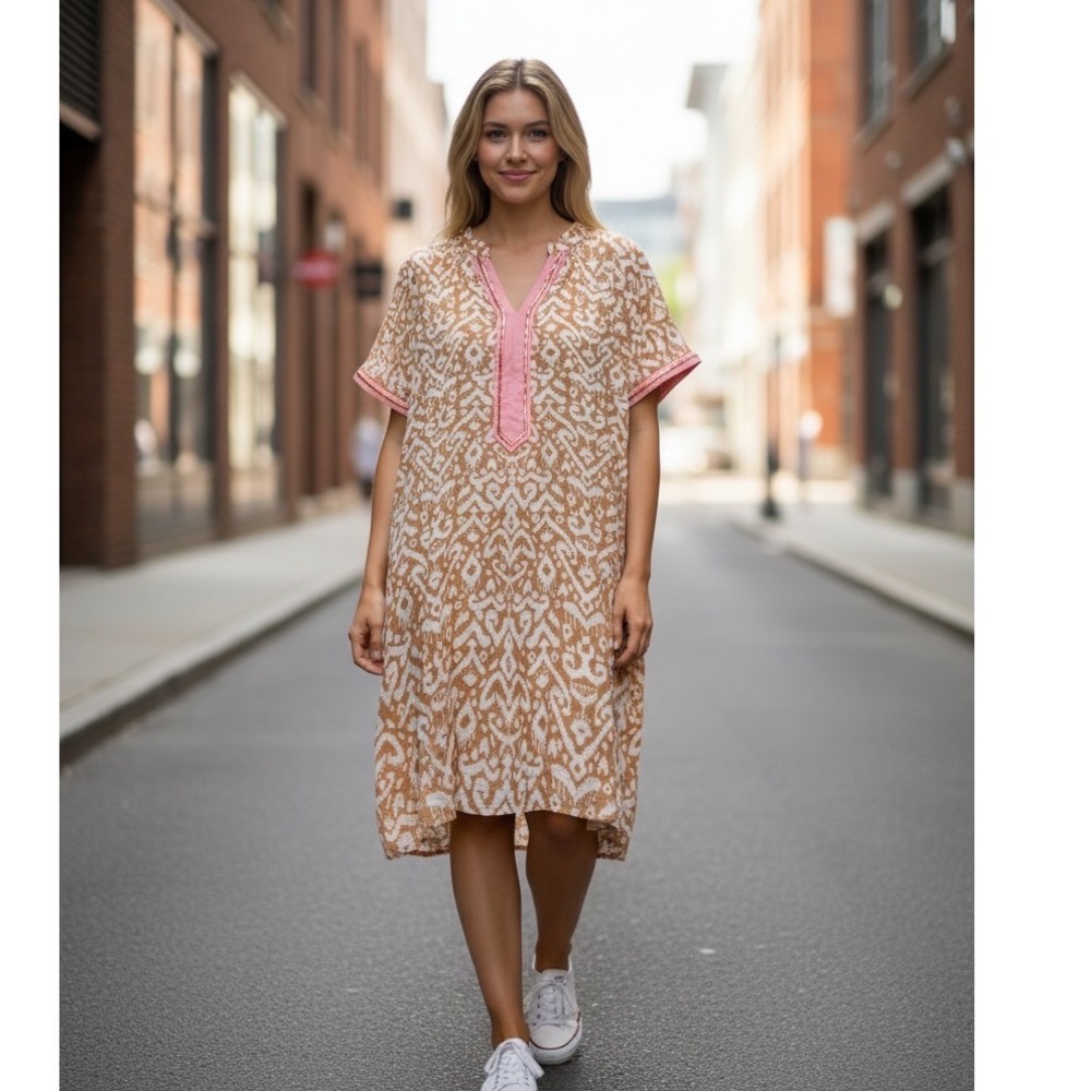 Love Kuza Los Angeles Tan Ikat Print Shift Dress Pink Gold Trim Pockets XL